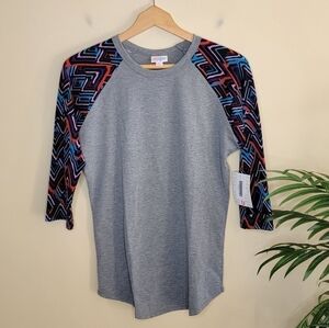NWT LuLaRoe | Gray Red Blue Geometric Sleeve Randy Tee Size Small